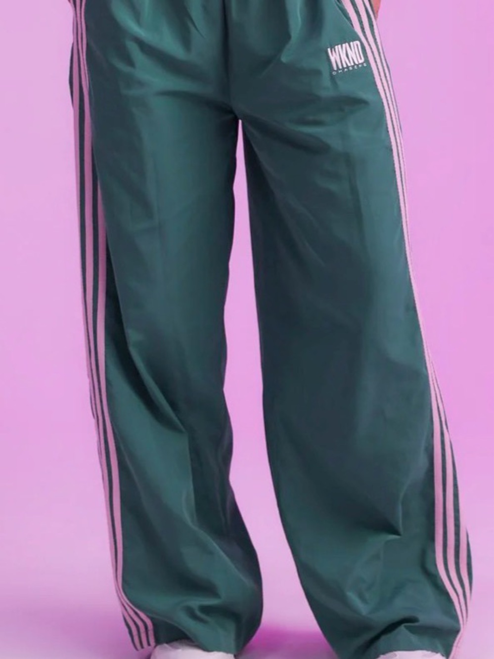 Wide-Leg Green Track Pants with Pink Side Stripes